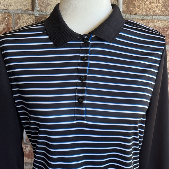 PGA Tour Women’s Large Golf Polo Shirt 3/4 Sleeves Black/White/Blue striped - Picture 4 of 12